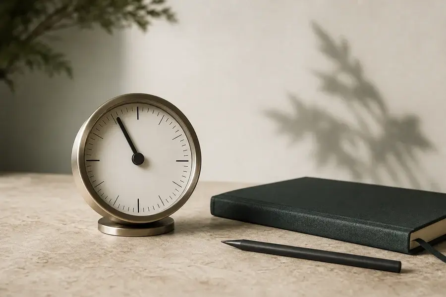 An analog focus timer beside a medical notebook