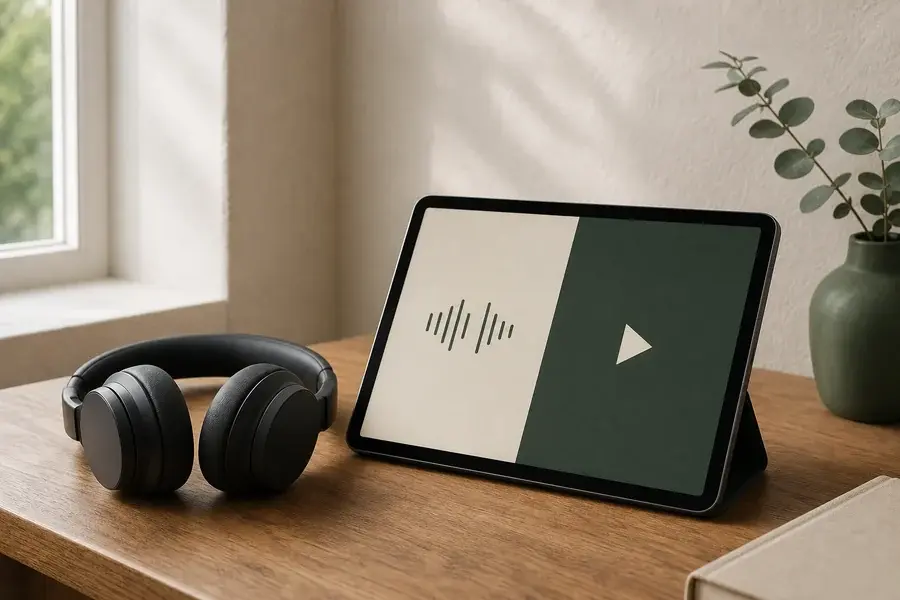 Headphones beside a tablet offering audio and video learning modes