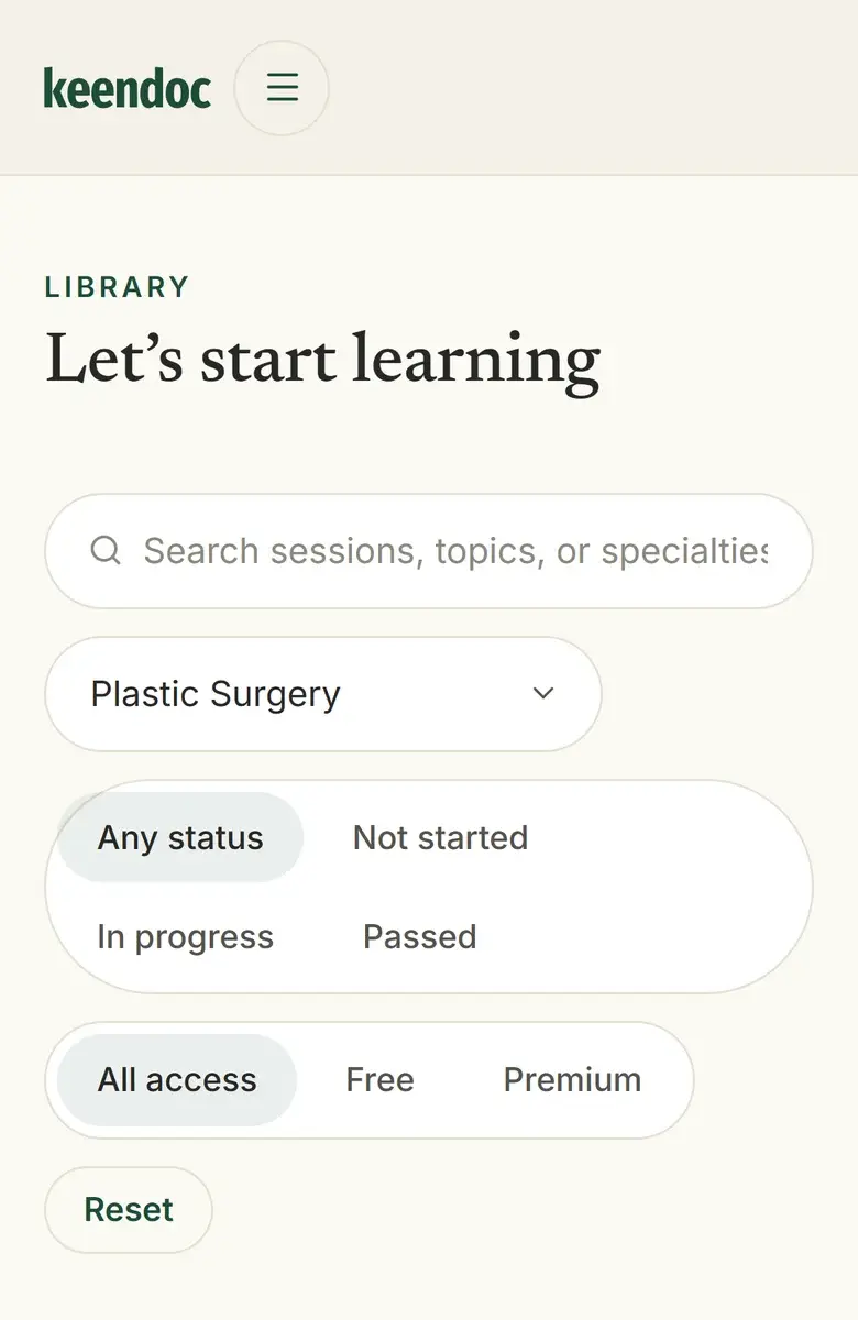 The Keendoc library filtered on plastic surgery, with session cards showing progress, duration and CME credits
