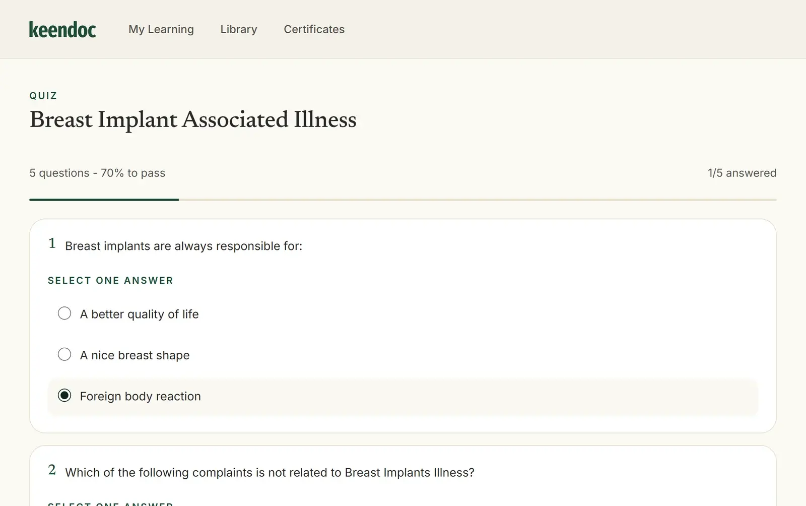 A Keendoc quiz question with multiple-choice answers and a progress bar