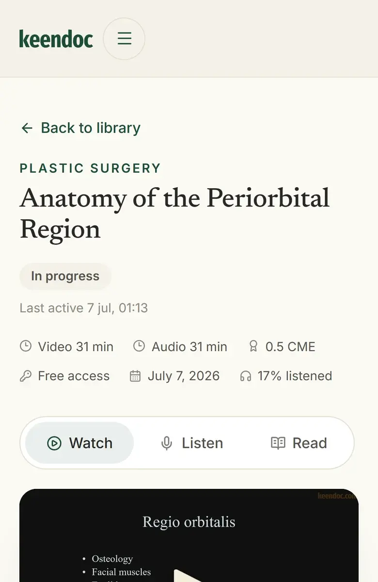 A Keendoc session page with Watch, Listen and Read tabs above the video player