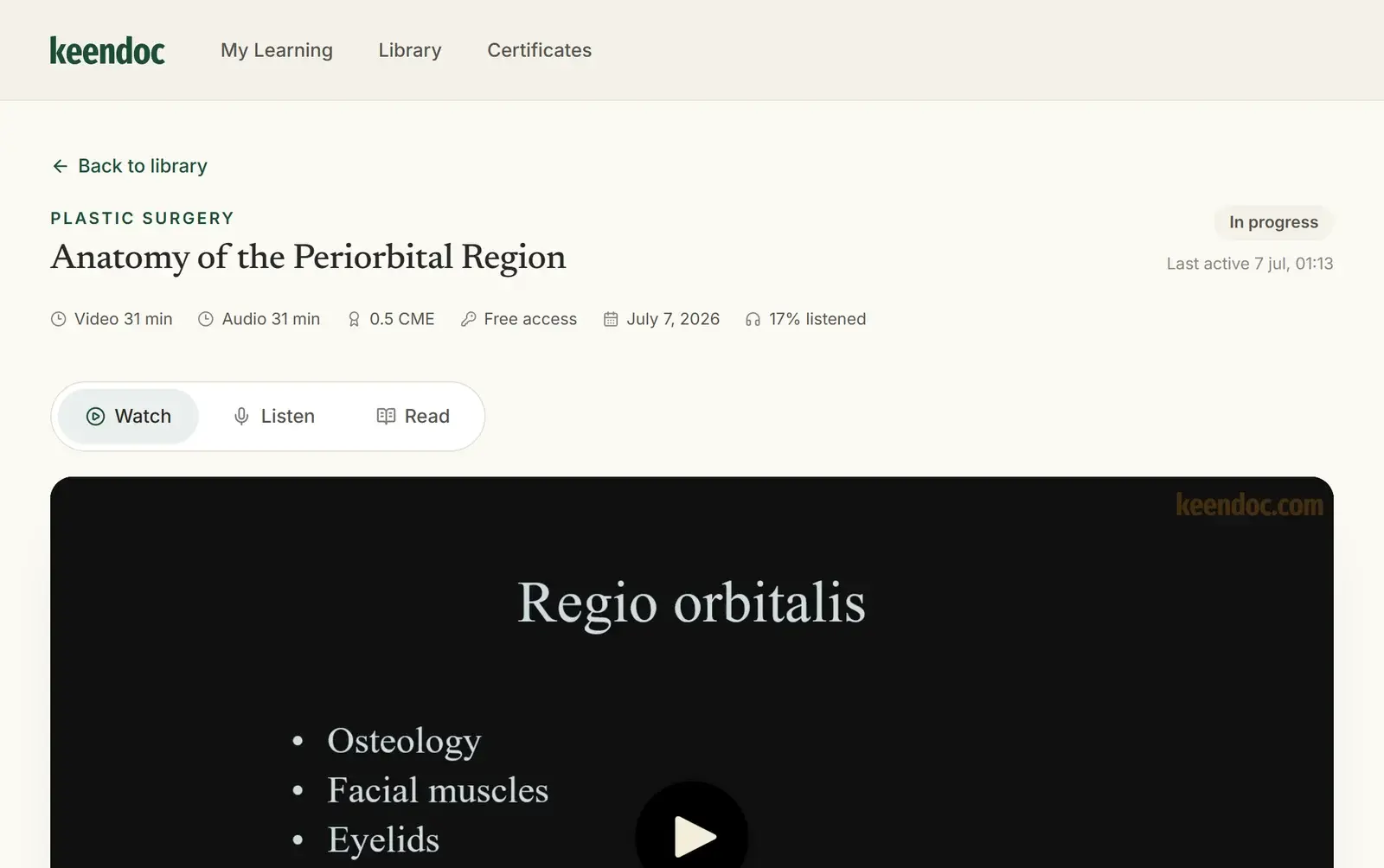 A Keendoc session page with Watch, Listen and Read tabs above the video player